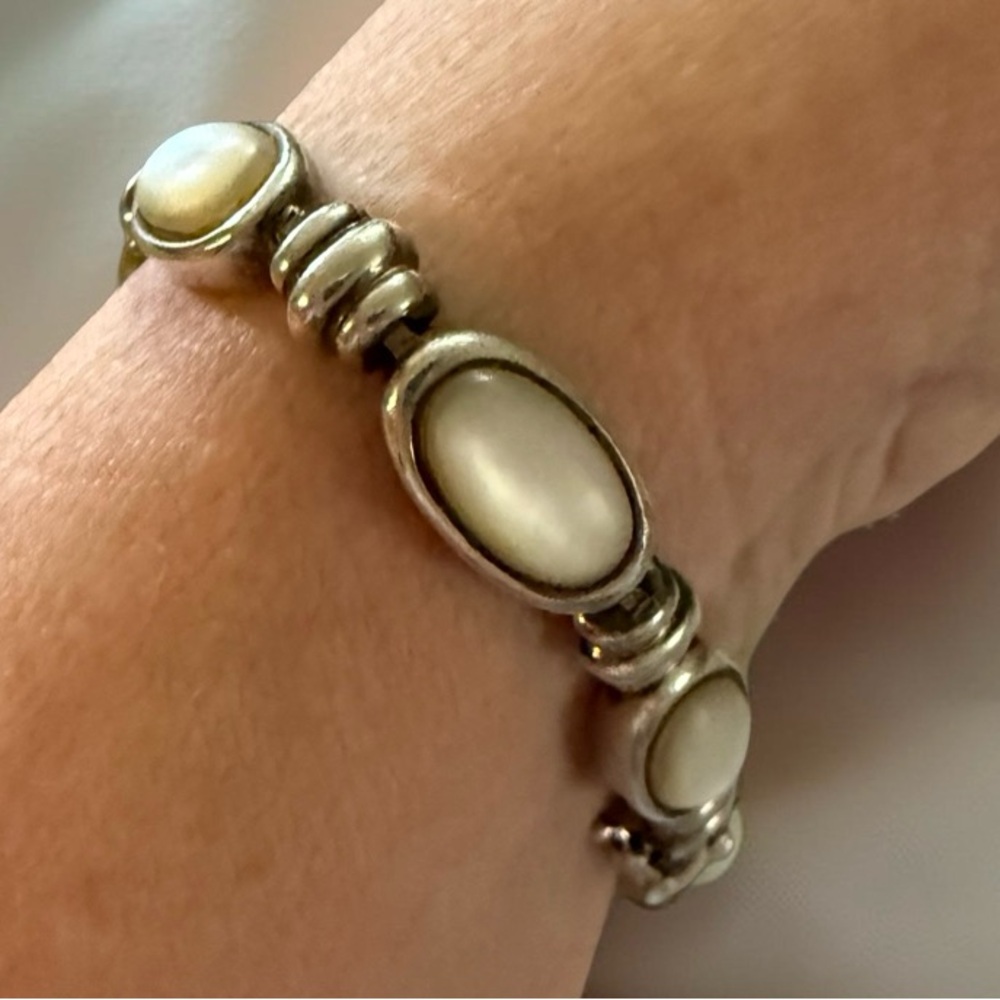 Vintage Michelle Albalá Sterling Silver Mother of Pearl Oval Link Bracelet 7 1/4